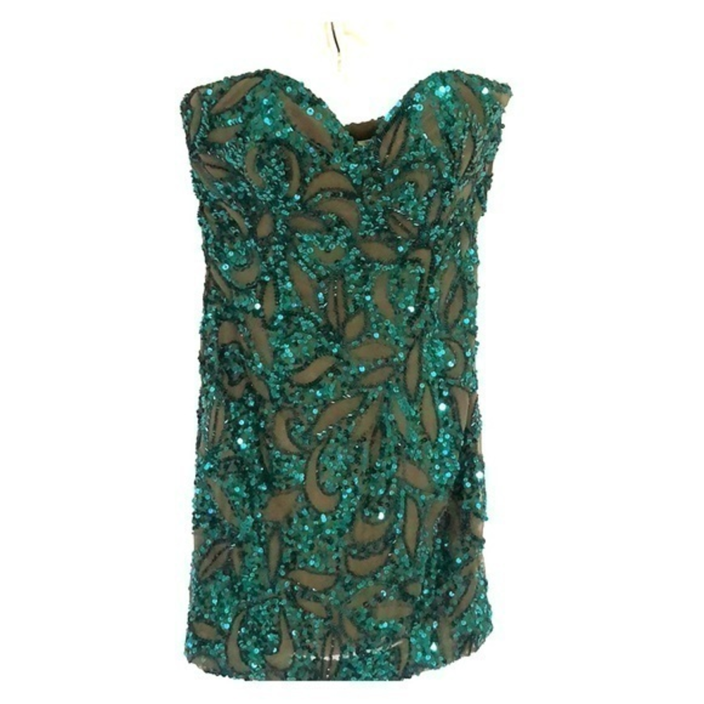 Scala Prom Homecoming Brown‎ Silk Green Sequin Strapless Dress